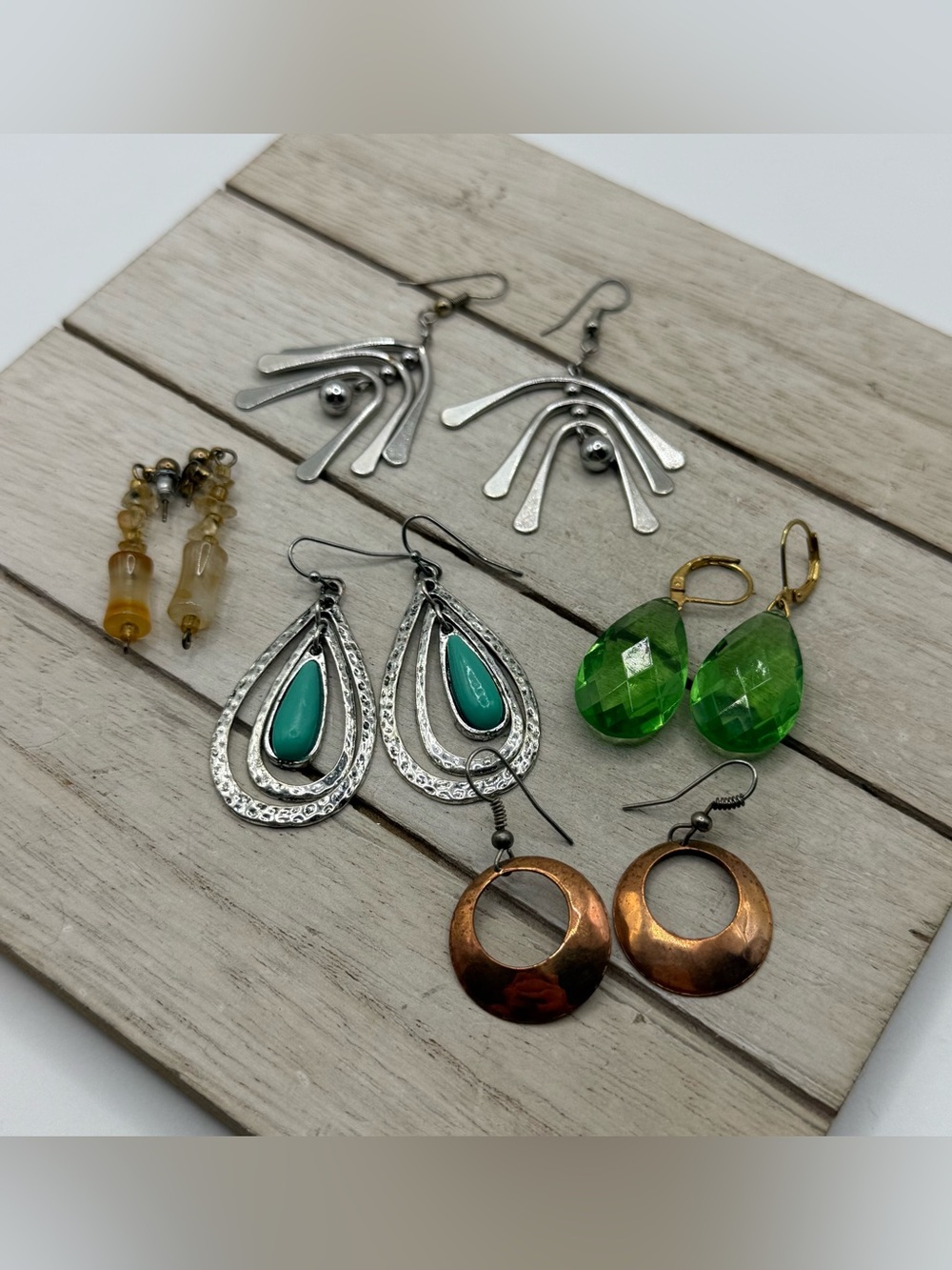Mixed Metal and Gemstone Drop Earring Set - Green, Turquoise, Copper, Silver